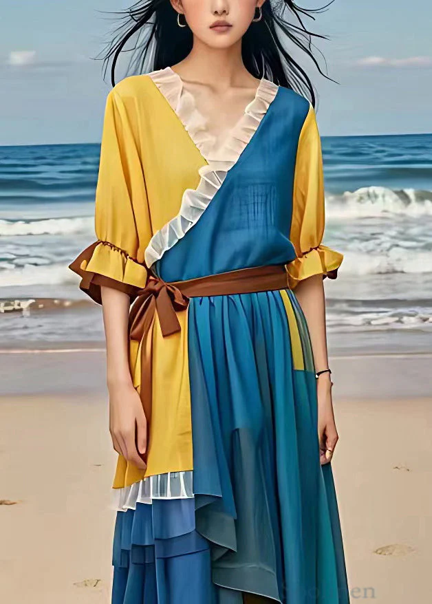 Elegant Blue Ruffled Tie Waist Patchwork Chiffon Dress Flare Sleeve - Image 2