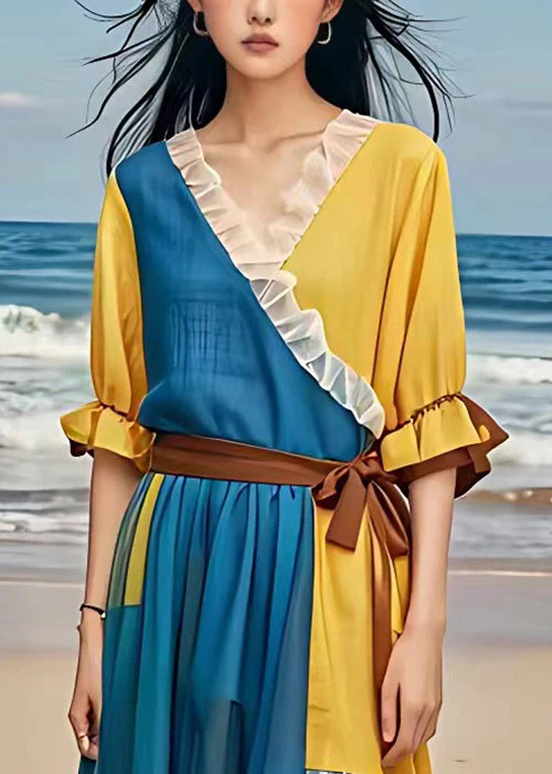 Elegant Blue Ruffled Tie Waist Patchwork Chiffon Dress Flare Sleeve - Image 3