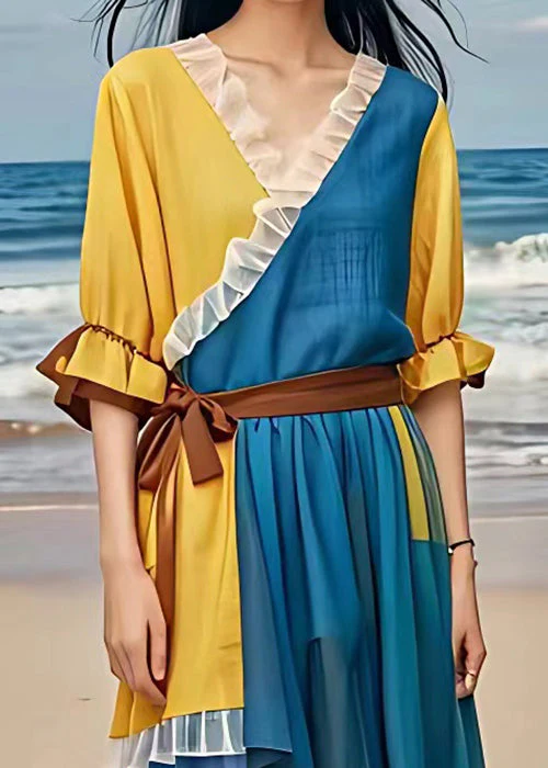 Elegant Blue Ruffled Tie Waist Patchwork Chiffon Dress Flare Sleeve - Image 4
