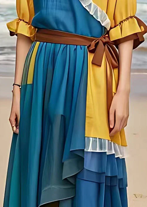 Elegant Blue Ruffled Tie Waist Patchwork Chiffon Dress Flare Sleeve - Image 5