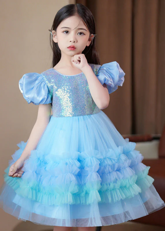 Elegant Blue Ruffled Tulle Kids Girls Long Dress Puff Sleeve - Image 2