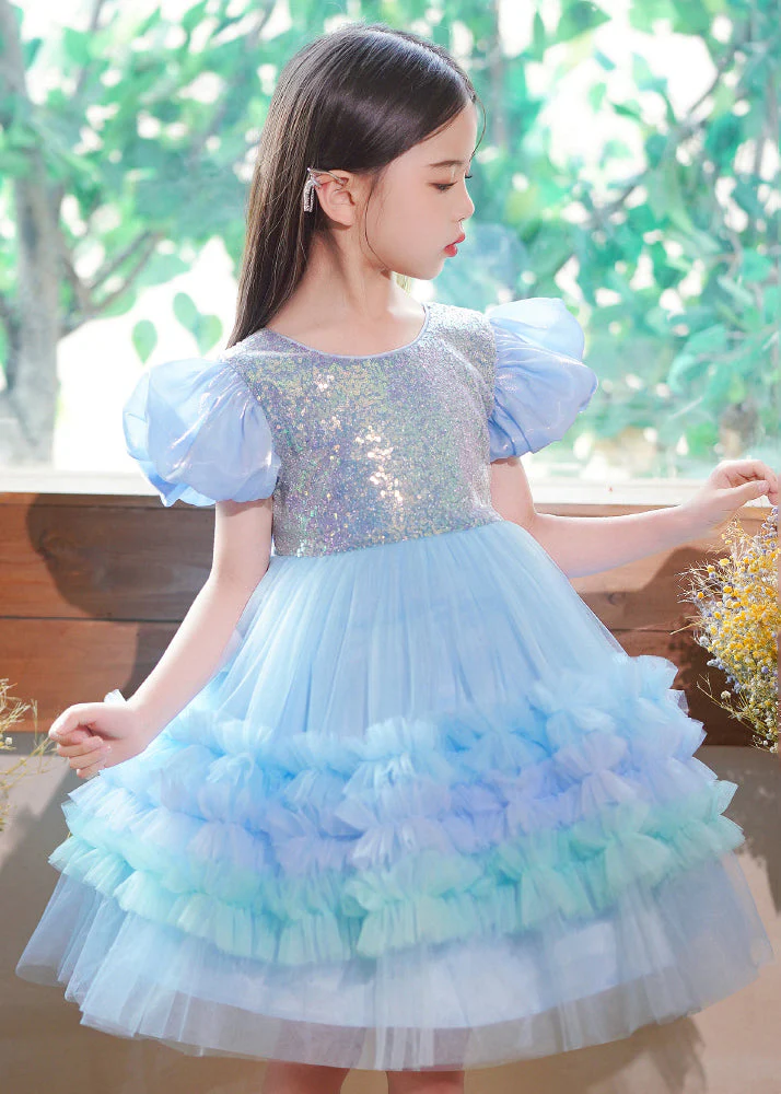Elegant Blue Ruffled Tulle Kids Girls Long Dress Puff Sleeve - Image 3