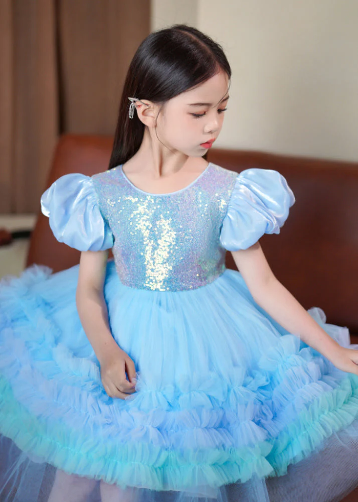 Elegant Blue Ruffled Tulle Kids Girls Long Dress Puff Sleeve - Image 4