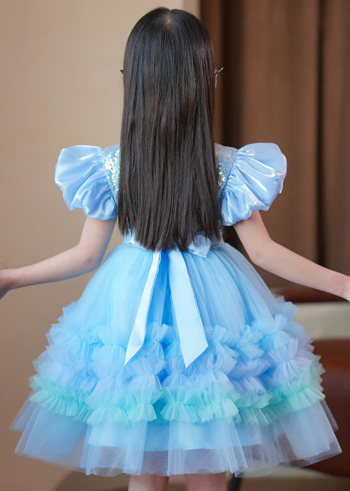 Elegant Blue Ruffled Tulle Kids Girls Long Dress Puff Sleeve - Image 5