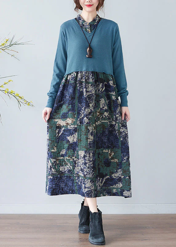 Elegant Blue Stand Collar Button Patchwork Long Dresses Long Sleeve - Image 3