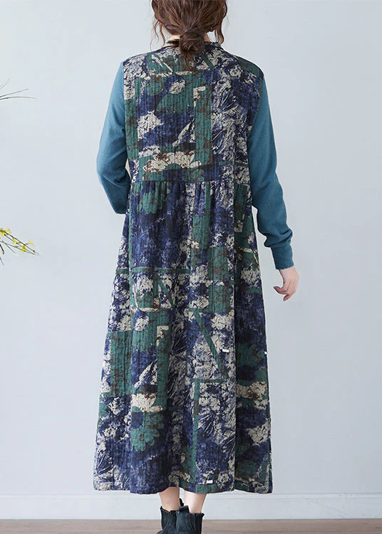 Elegant Blue Stand Collar Button Patchwork Long Dresses Long Sleeve - Image 4
