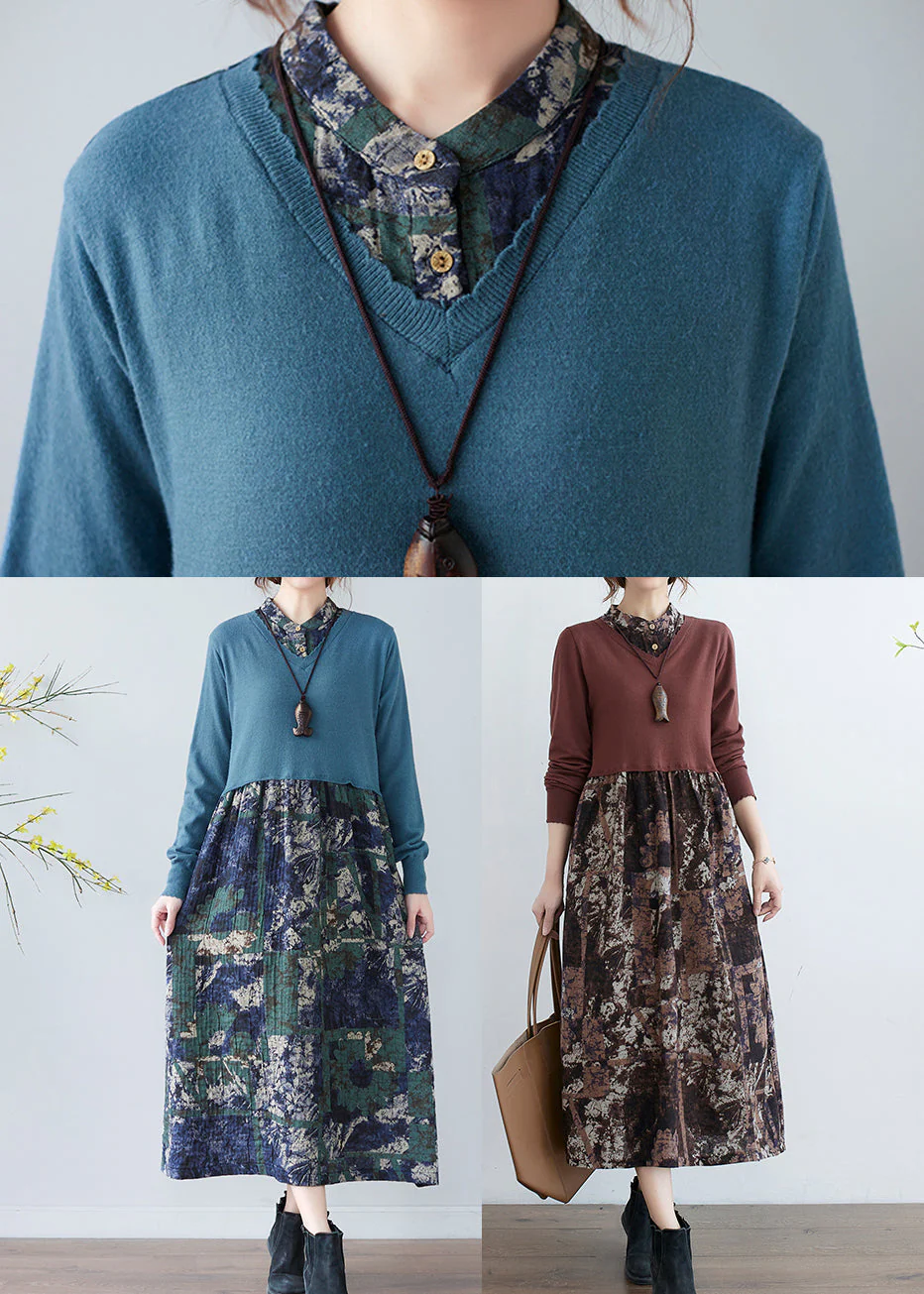 Elegant Blue Stand Collar Button Patchwork Long Dresses Long Sleeve - Image 5