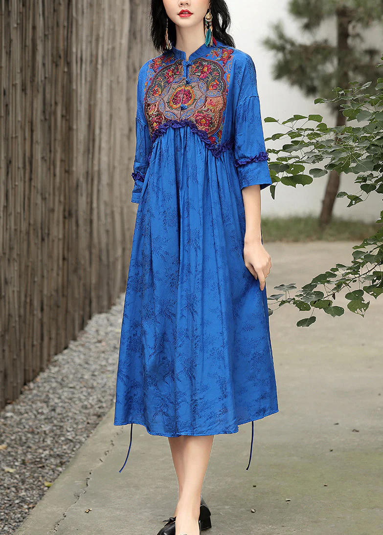 Elegant Blue Stand Collar Embroideried Floral Drawstring Satin Dress Long Sleeve - Image 2