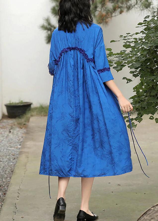 Elegant Blue Stand Collar Embroideried Floral Drawstring Satin Dress Long Sleeve - Image 3