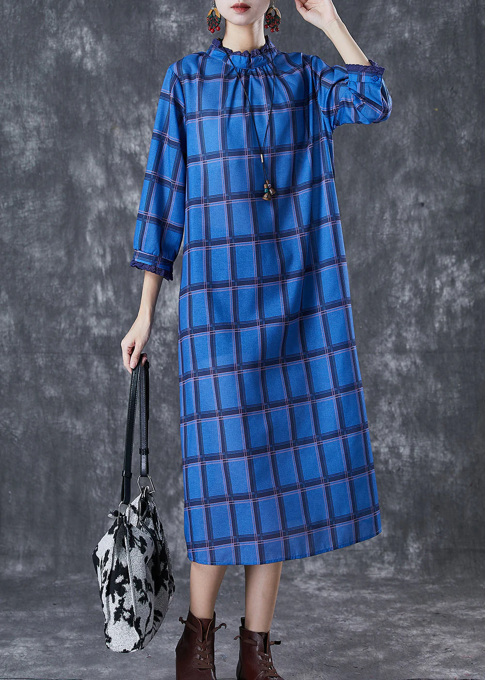 Elegant Blue Stand Collar Print Linen Dress Bracelet Sleeve - Image 2