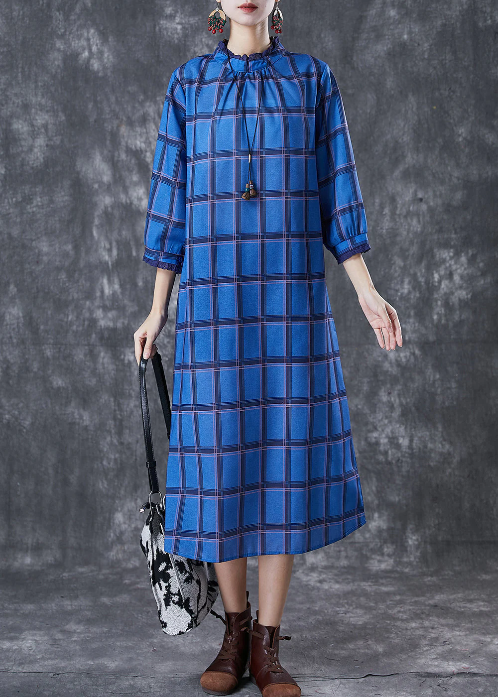 Elegant Blue Stand Collar Print Linen Dress Bracelet Sleeve - Image 3