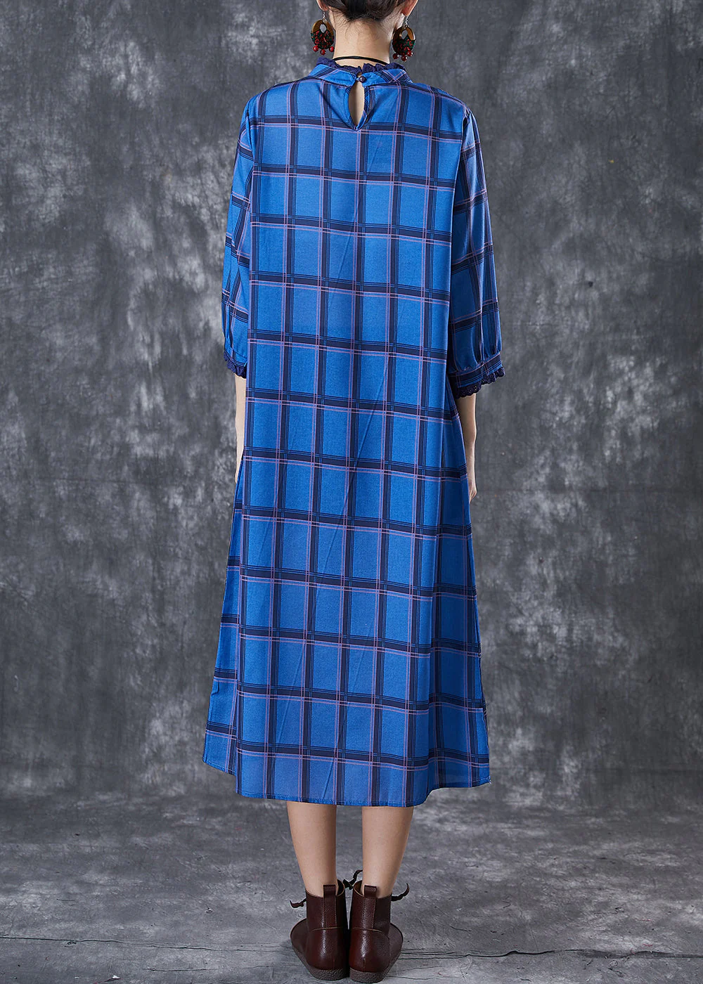 Elegant Blue Stand Collar Print Linen Dress Bracelet Sleeve - Image 4