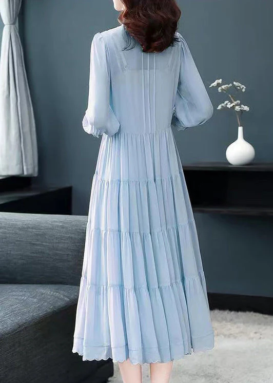 Elegant Blue Stand Collar Wrinkled Button Patchwork Silk Dress Fall - Image 3