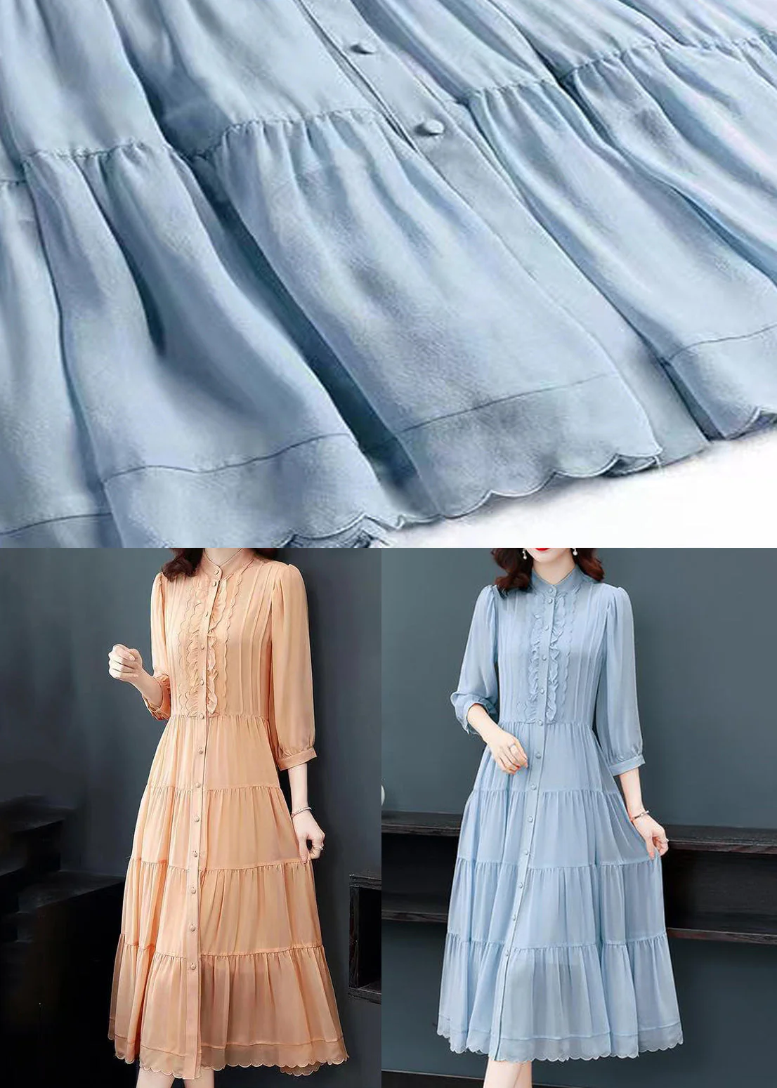 Elegant Blue Stand Collar Wrinkled Button Patchwork Silk Dress Fall - Image 4
