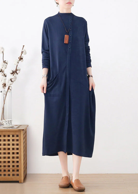 Elegant Blue Turtleneck Button Pockets Cotton Knit Dress Long Sleeve - Image 3
