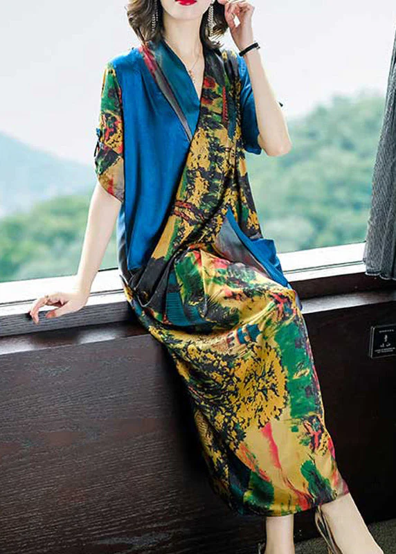 Elegant Blue V Neck Asymmetrical Design Print Satin Dresses Half Sleeve - Image 2