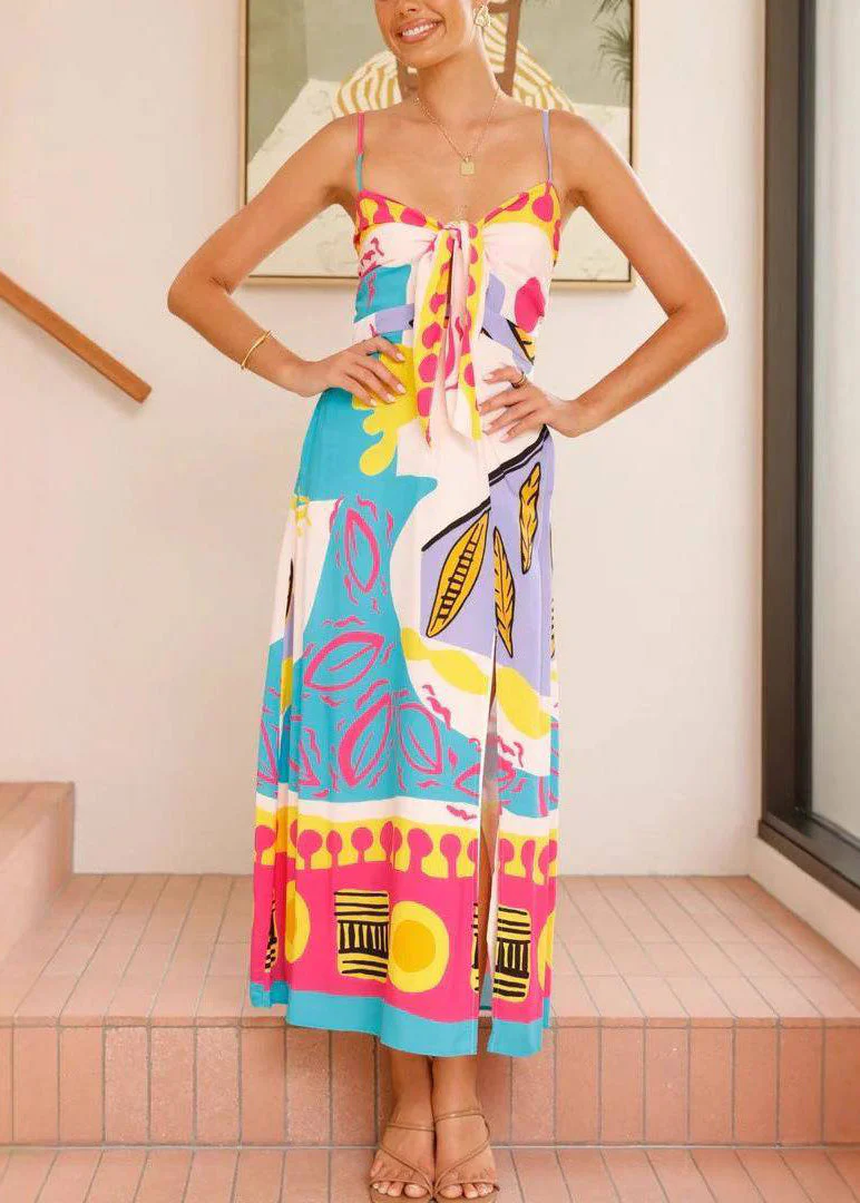 Elegant Blue V Neck Bow Side Open Long Dresses Sleeveless - Image 4