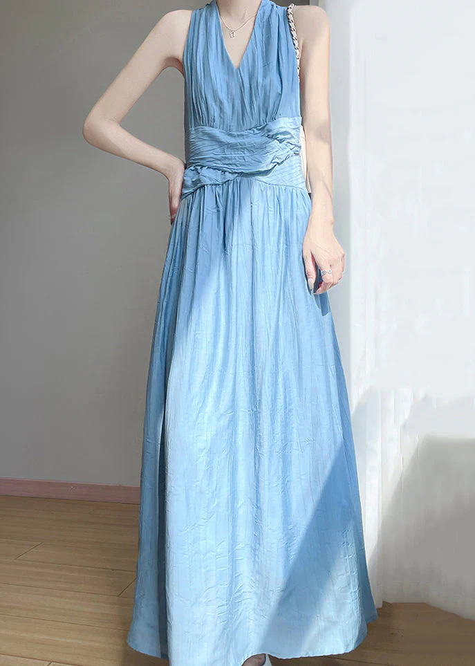 Elegant Blue V Neck High Waist Cotton Long Dress Sleeveless - Image 2