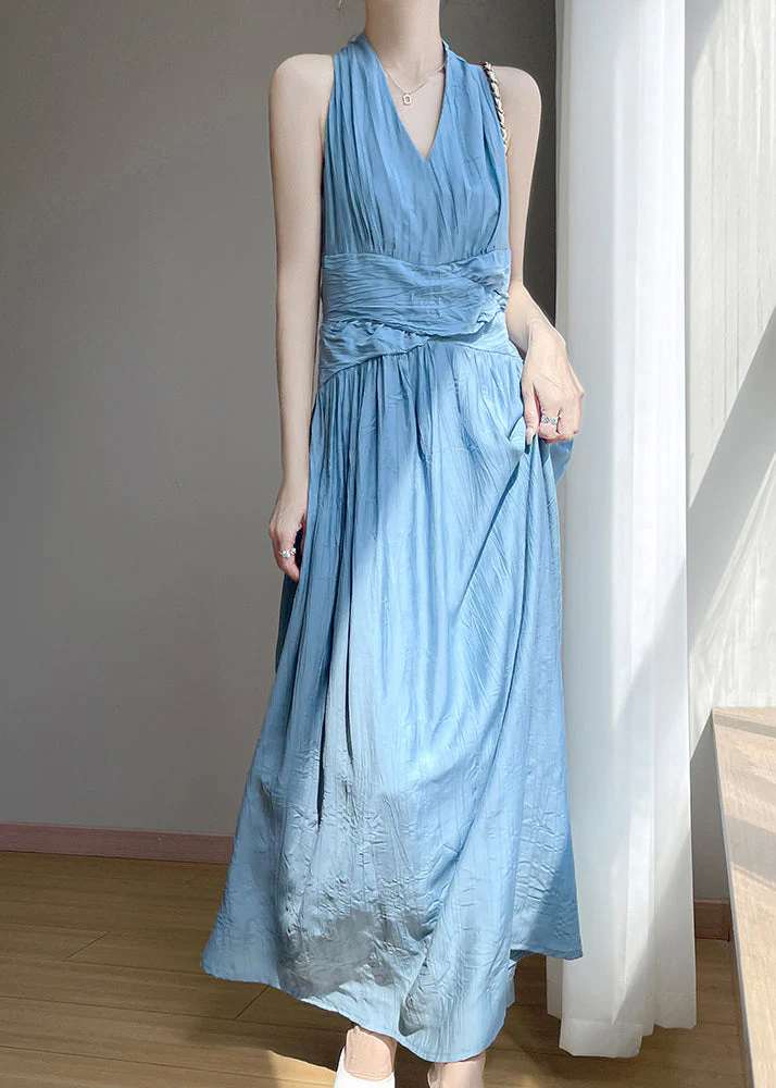 Elegant Blue V Neck High Waist Cotton Long Dress Sleeveless - Image 3