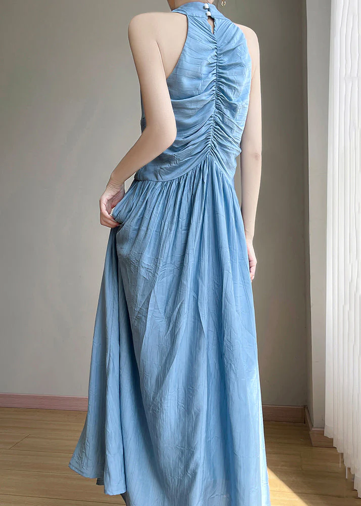 Elegant Blue V Neck High Waist Cotton Long Dress Sleeveless - Image 4