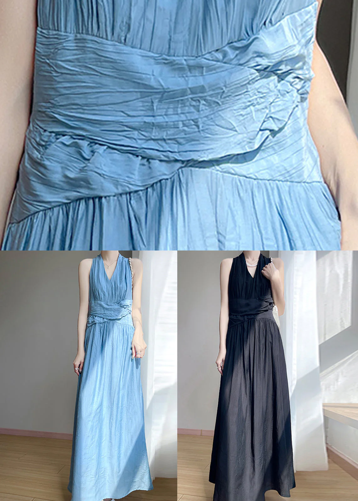 Elegant Blue V Neck High Waist Cotton Long Dress Sleeveless - Image 5
