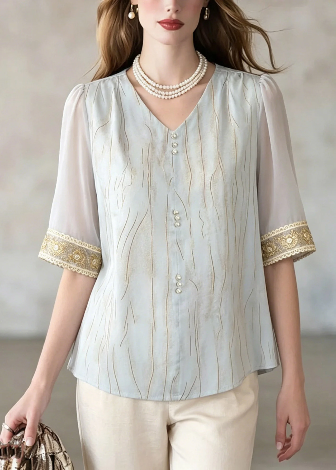Elegant Blue V Neck Patchwork Shirt Summer - Image 3