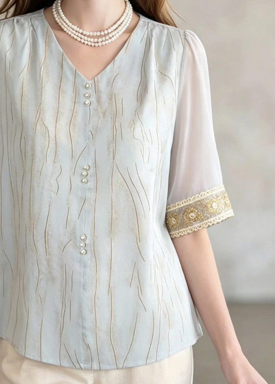 Elegant Blue V Neck Patchwork Shirt Summer - Image 4
