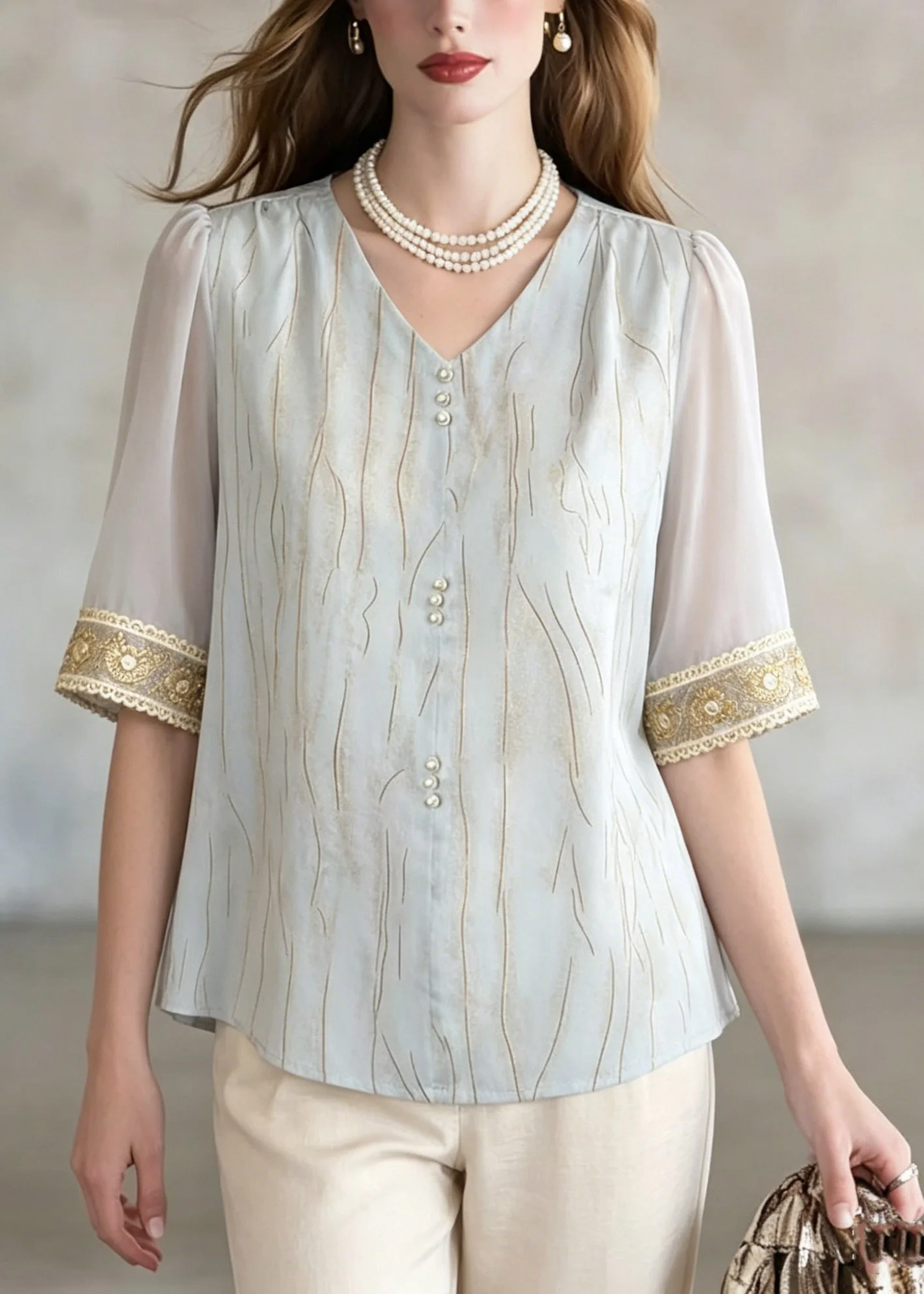 Elegant Blue V Neck Patchwork Shirt Summer - Image 5