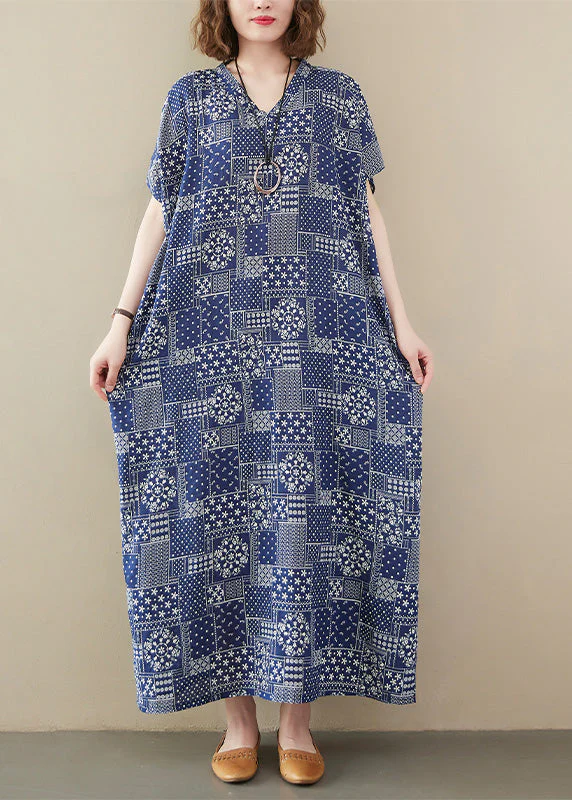 Elegant Blue V Neck Print Cotton Beach Long Dress Short Sleeve - Image 2