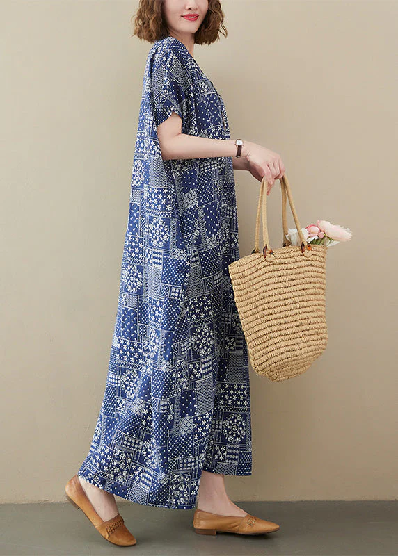Elegant Blue V Neck Print Cotton Beach Long Dress Short Sleeve - Image 3