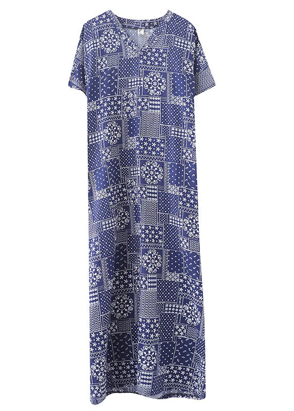 Elegant Blue V Neck Print Cotton Beach Long Dress Short Sleeve - Image 5