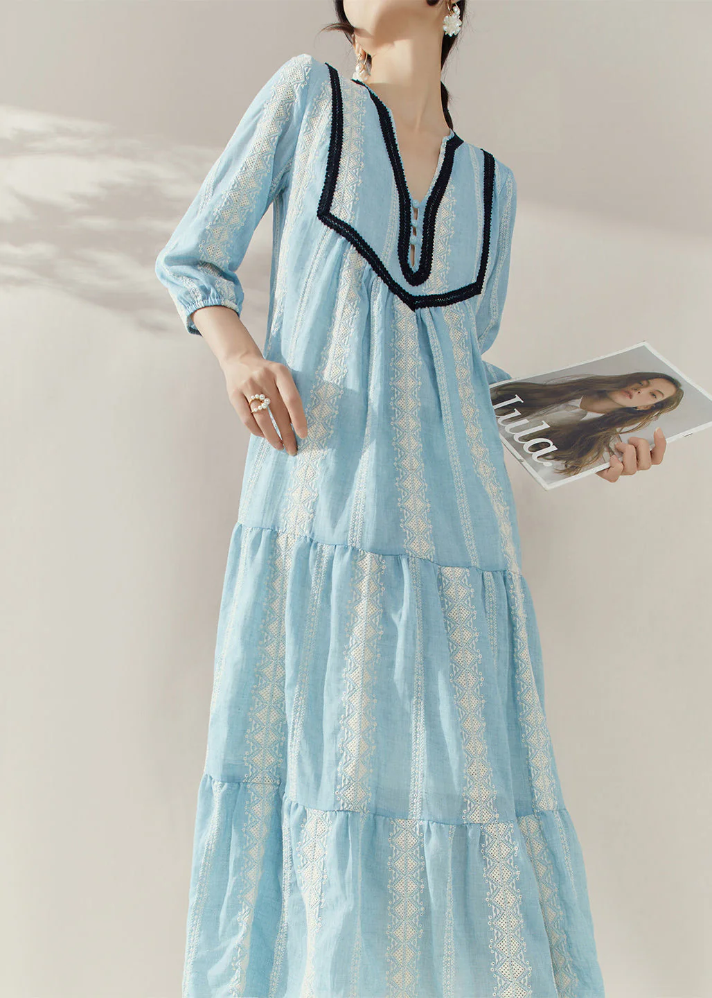 Elegant Blue V Neck Print Cotton Holiday Dress Half Sleeve
