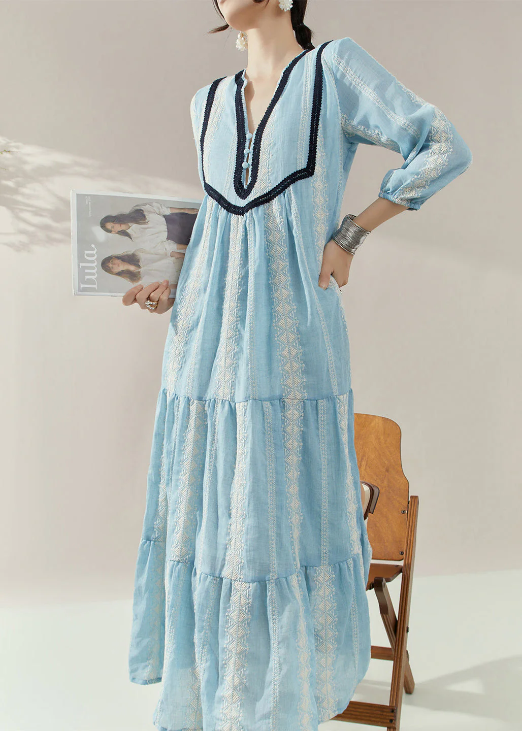 Elegant Blue V Neck Print Cotton Holiday Dress Half Sleeve - Image 2