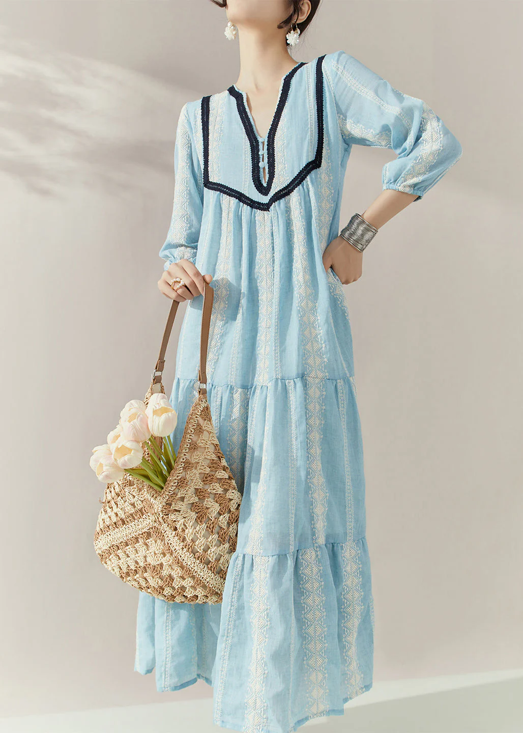 Elegant Blue V Neck Print Cotton Holiday Dress Half Sleeve - Image 3