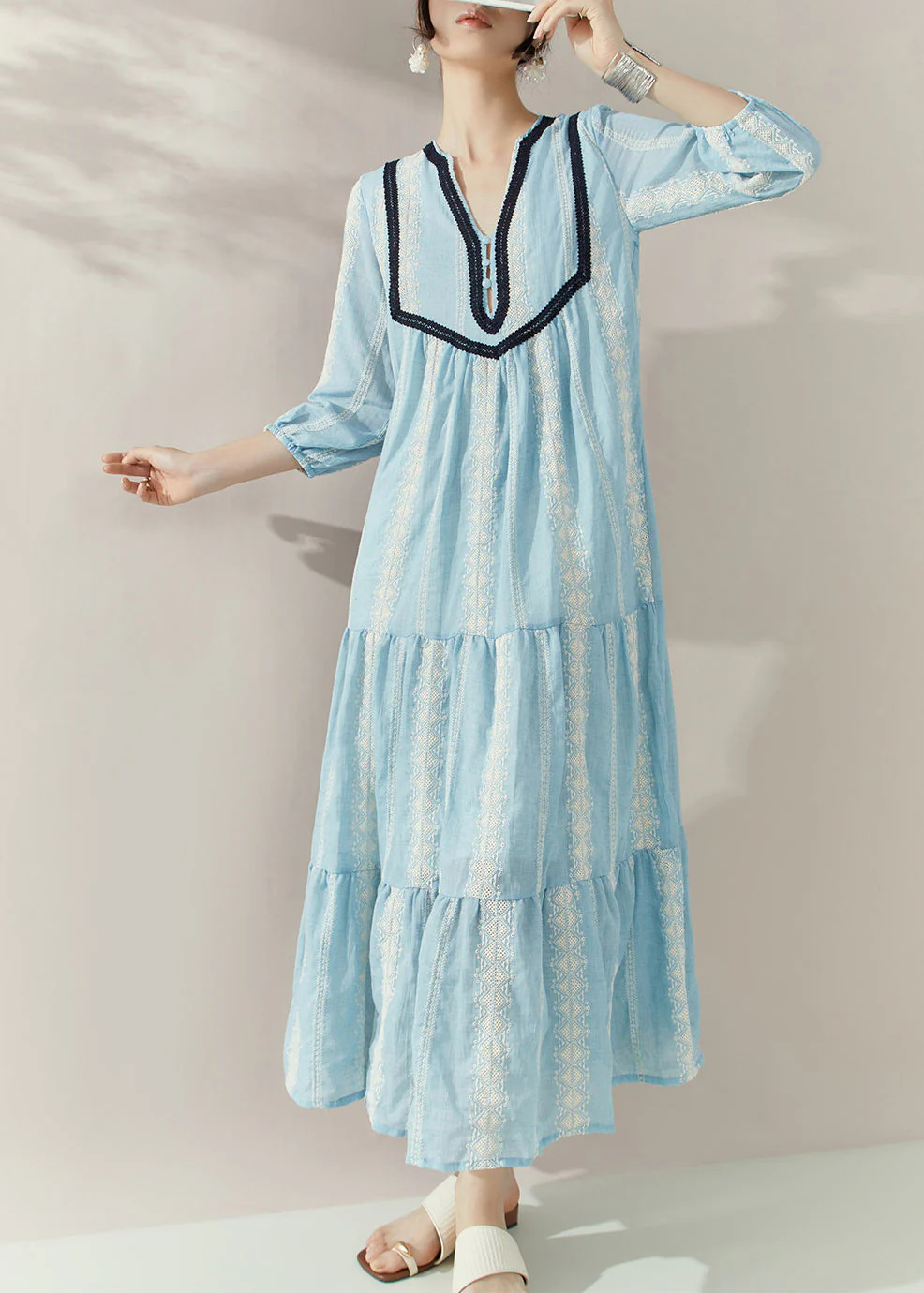 Elegant Blue V Neck Print Cotton Holiday Dress Half Sleeve - Image 4