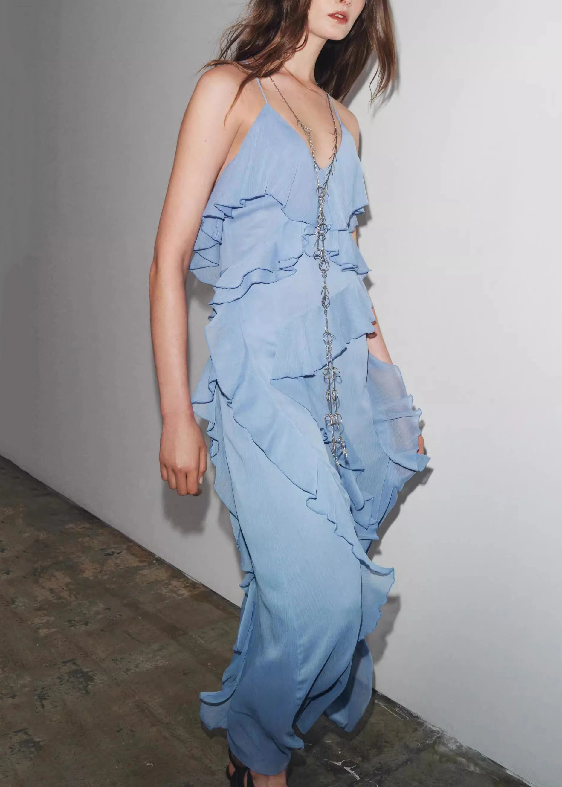 Elegant Blue V Neck Ruffled Chiffon Spaghetti Strap Dress Sleeveless - Image 3