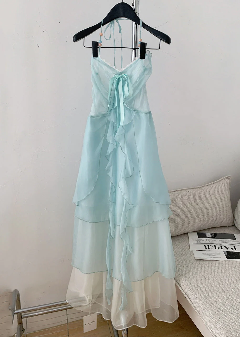Elegant Blue V Neck Ruffled Lace Up Chiffon Long Dresses Sleeveless - Image 3