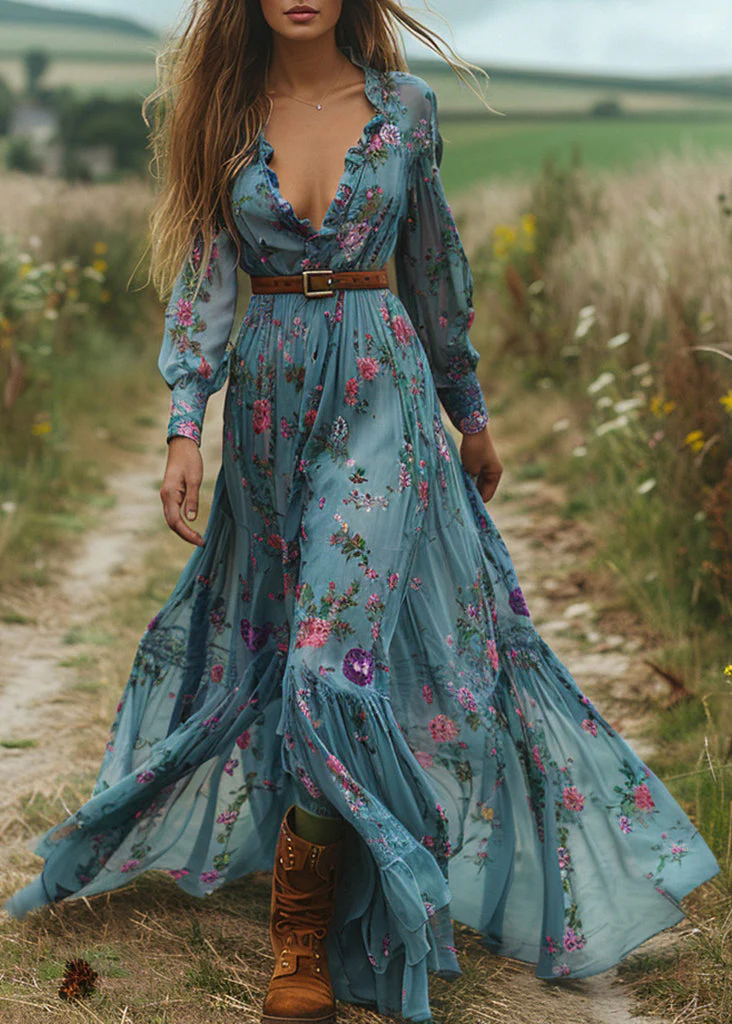 Elegant Blue V Neck Ruffled Print Cotton Maxi Dresses Spring - Image 2