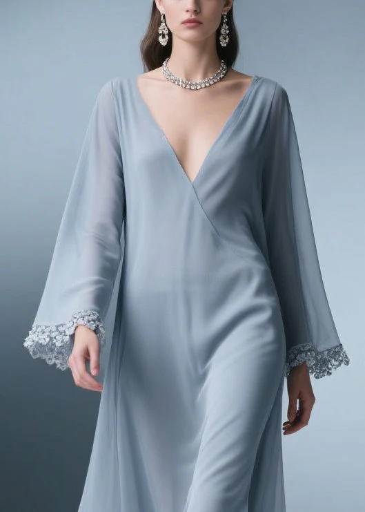 Elegant Blue V Neck Solid Lace Chiffon Long Dress Spring - Image 2