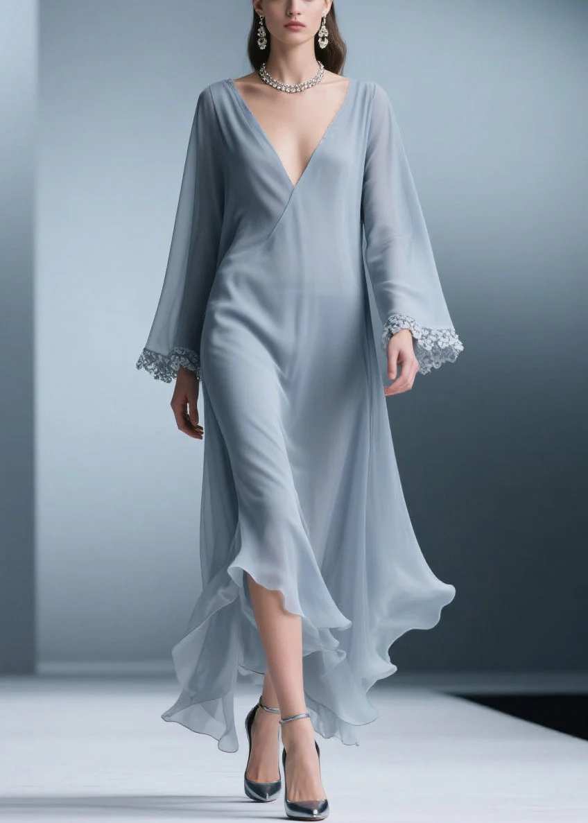 Elegant Blue V Neck Solid Lace Chiffon Long Dress Spring - Image 3