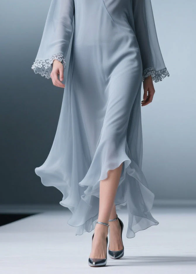 Elegant Blue V Neck Solid Lace Chiffon Long Dress Spring - Image 4