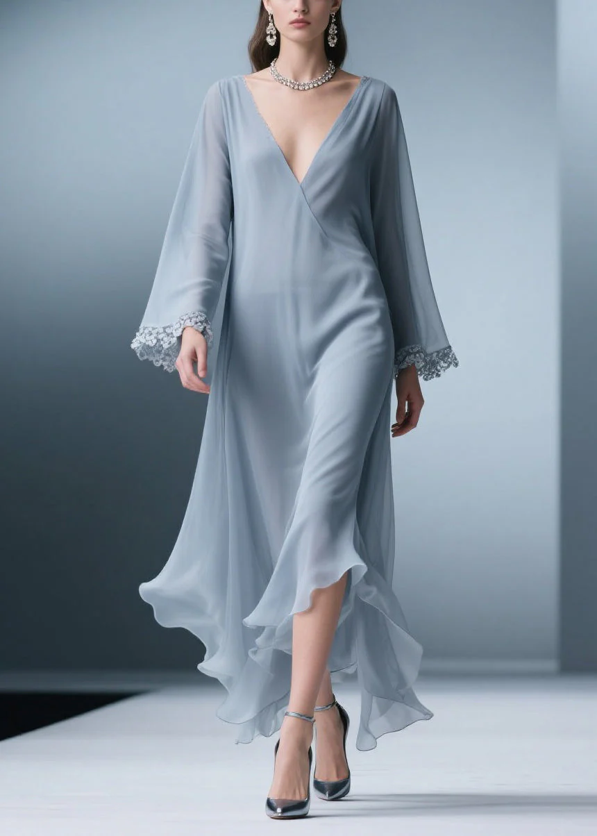 Elegant Blue V Neck Solid Lace Chiffon Long Dress Spring - Image 5
