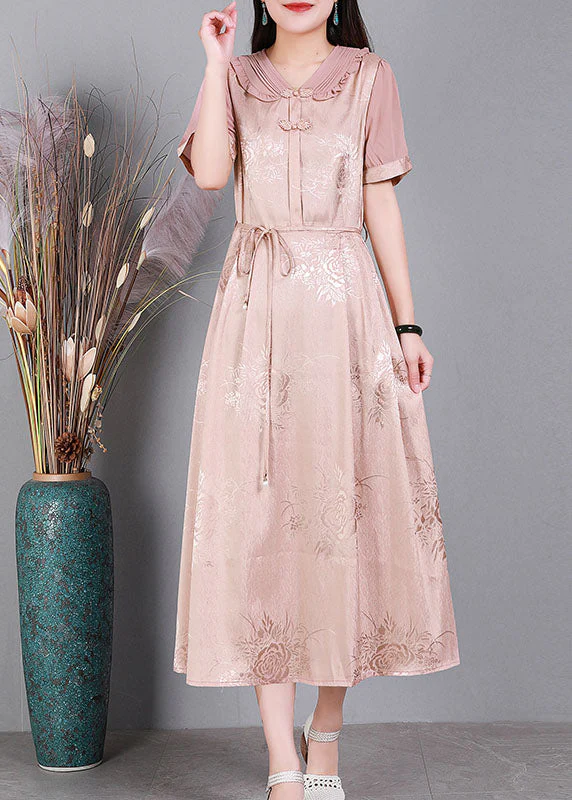 Elegant Blue V Neck Tie Waist Jacquard Oriental Button Silk Holiday Dress Summer - Image 2