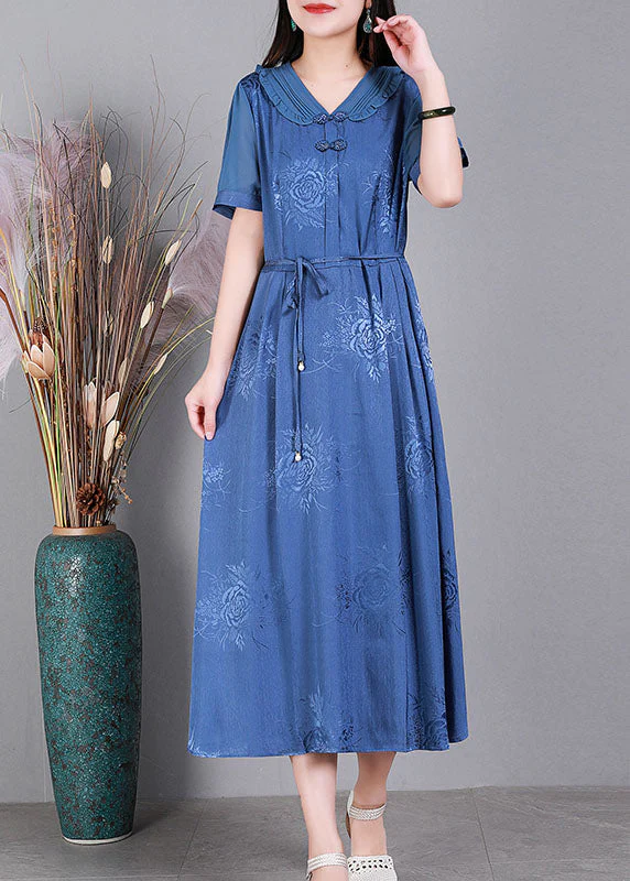 Elegant Blue V Neck Tie Waist Jacquard Oriental Button Silk Holiday Dress Summer - Image 3