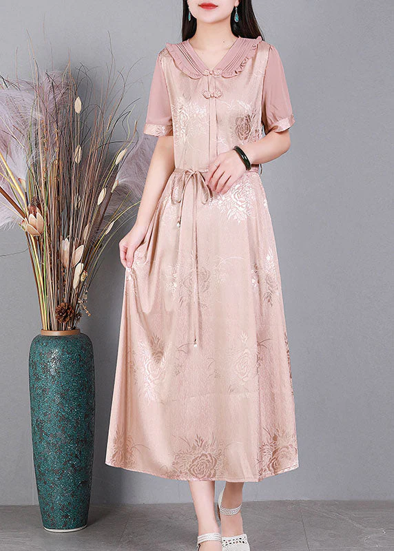 Elegant Blue V Neck Tie Waist Jacquard Oriental Button Silk Holiday Dress Summer - Image 4