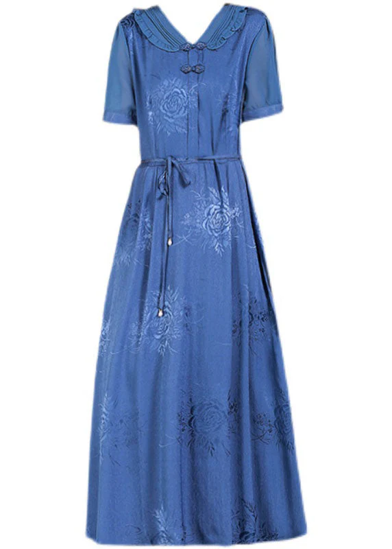 Elegant Blue V Neck Tie Waist Jacquard Oriental Button Silk Holiday Dress Summer - Image 5