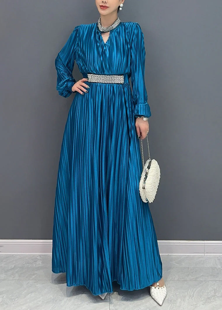 Elegant Blue V Neck Wrinkled Maxi Dress Long Sleeve - Image 2