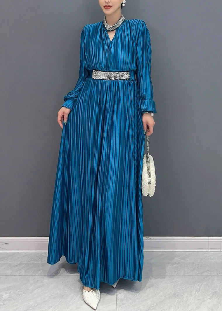 Elegant Blue V Neck Wrinkled Maxi Dress Long Sleeve - Image 3