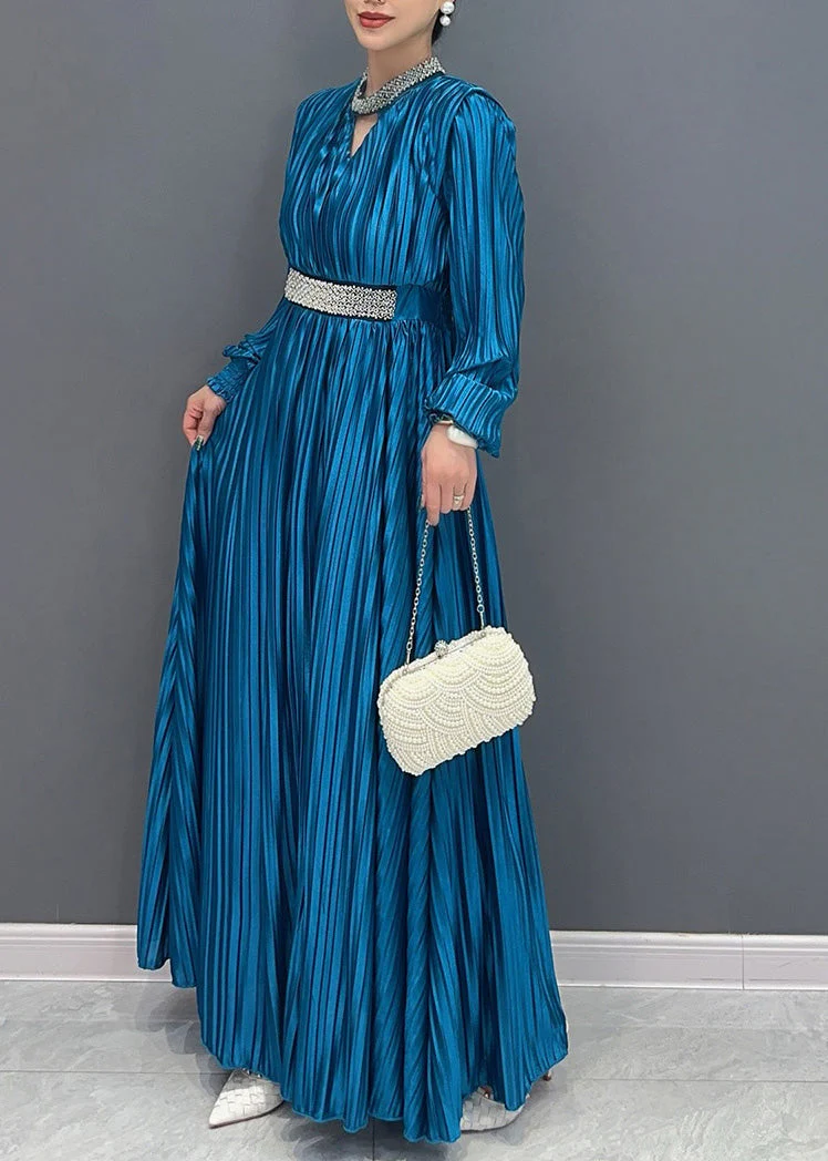 Elegant Blue V Neck Wrinkled Maxi Dress Long Sleeve - Image 4