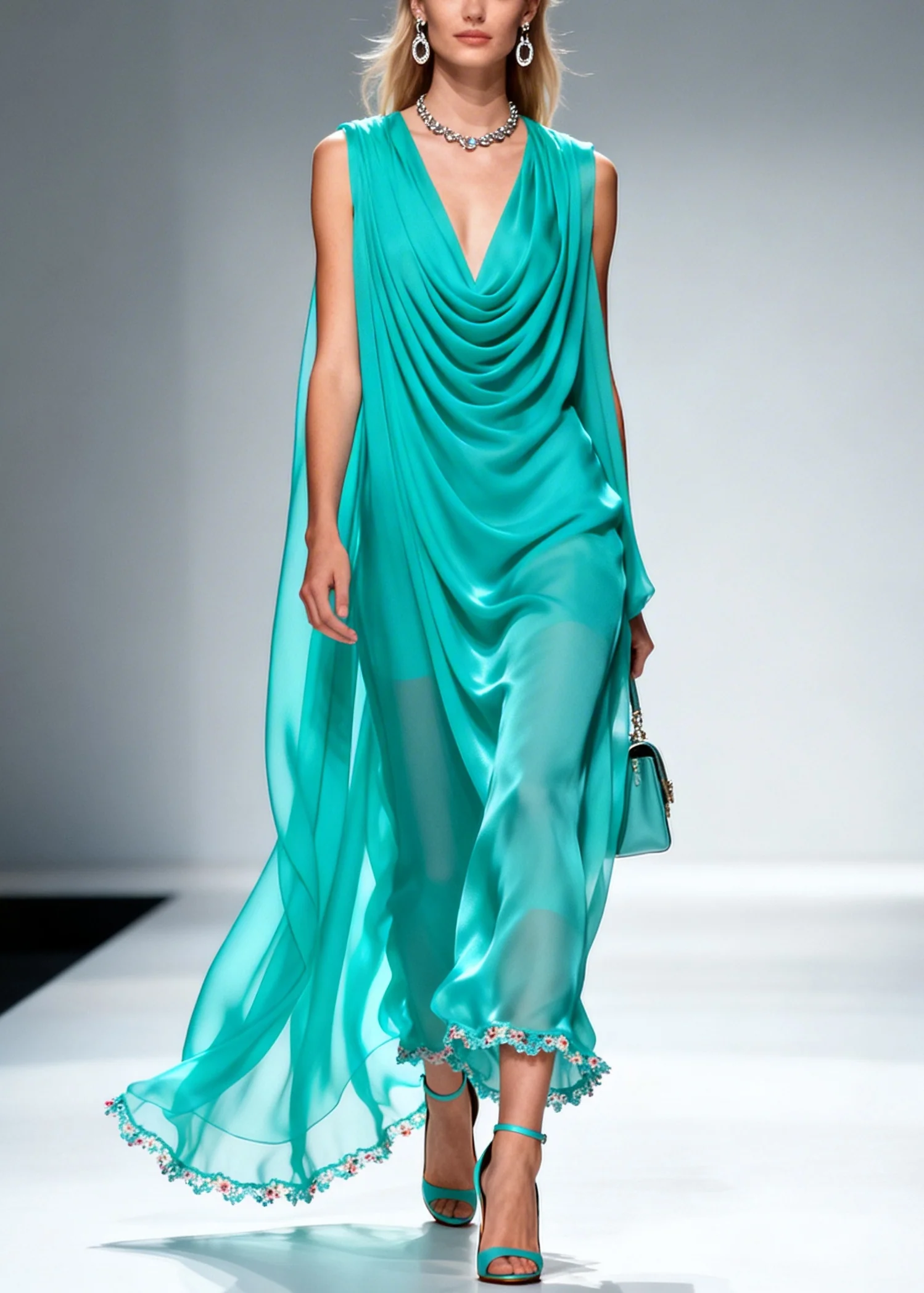 Elegant Blue Wrinkled Draping Chiffon Long Dress Summer - Image 3